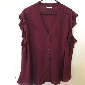 ModCloth 3X ruffle sleeve maroon button up shirt